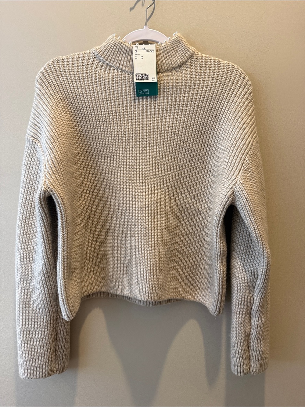 H&M Pearl Collar Chunky Knit Mock Neck Sweater in Beige, Size XS NWT